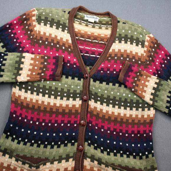 NorthStyle Sweaters - Vintage NorthStyle Geometric Knit Cardigan Sweater M Buttons Pockets Ramie Blend